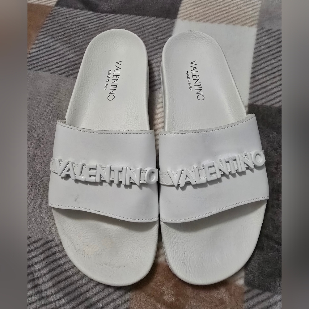 Valentino White Logo Slide Sandals
